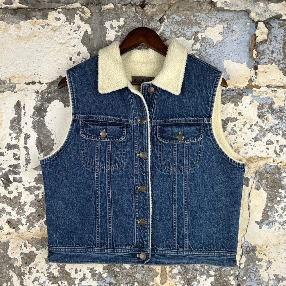 Vintage Jones Jeans Denim Vest Blue Sherpa Lined Trucker Jacket Womens 14